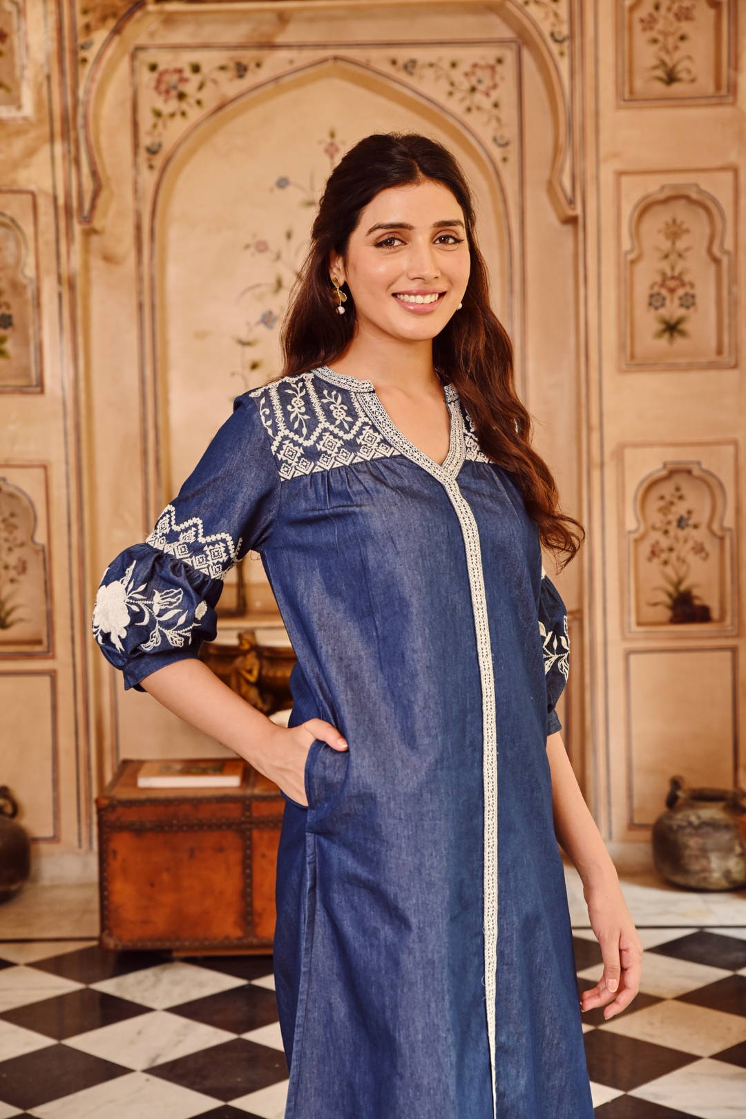 Blue Embroidered Straight Kurta Pant Set