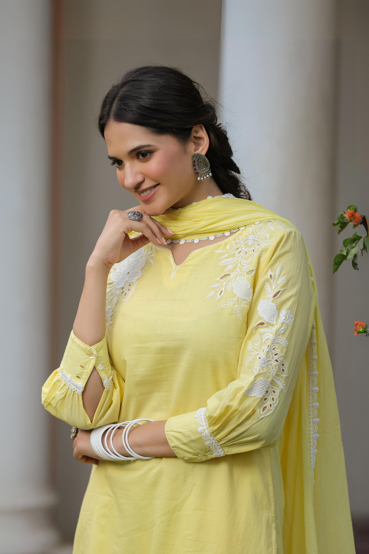 Yellow Cotton Applique Kurta Set With Dupatta