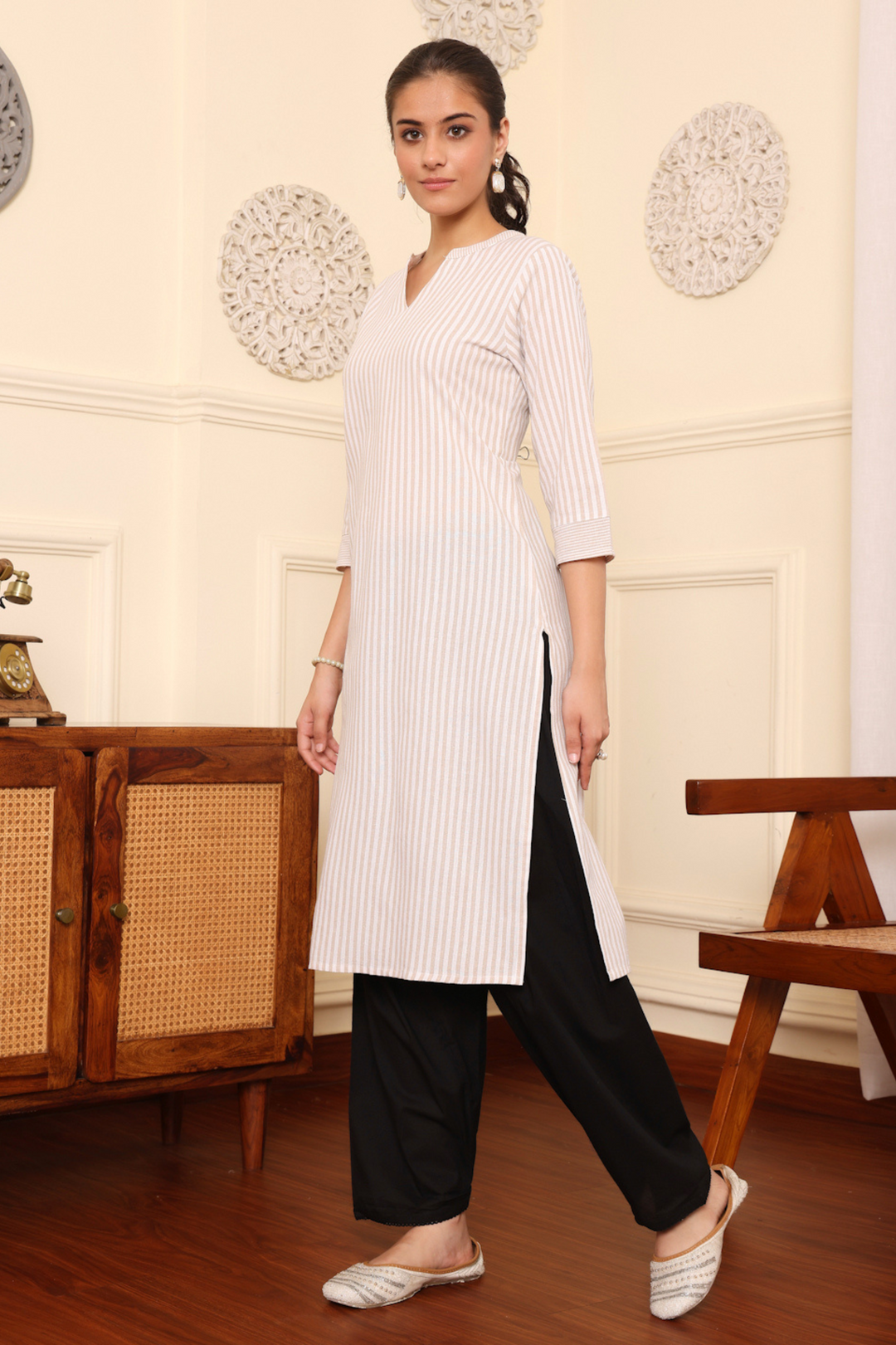 Beige Yarn Dyed Striped Kurta