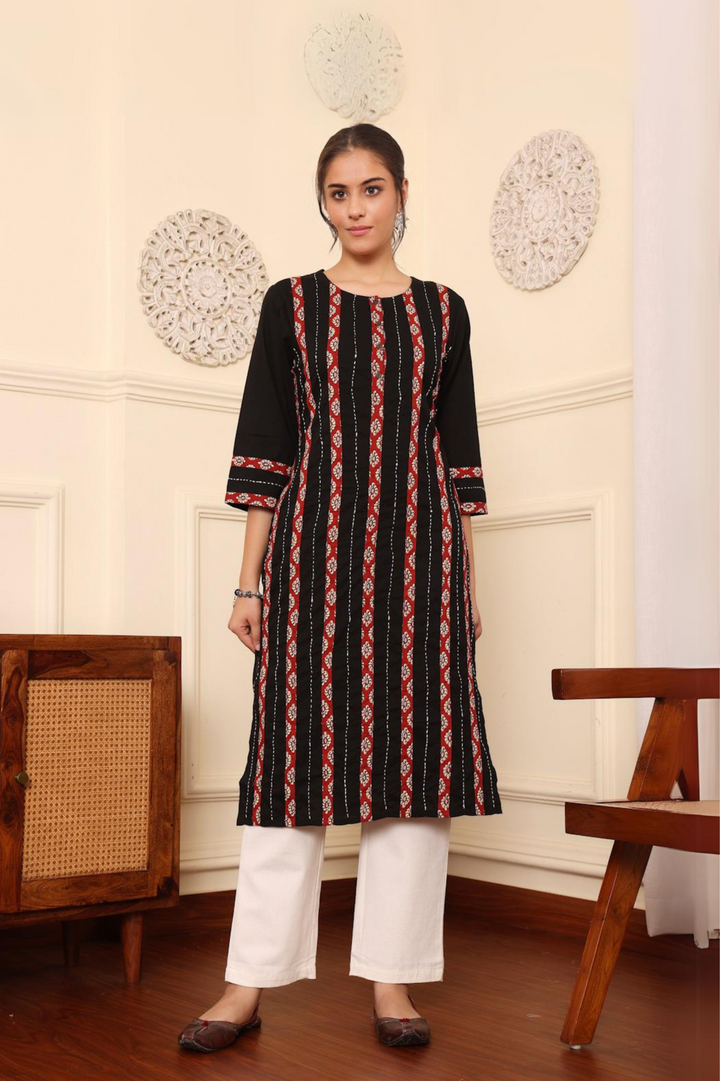 Black Cotton Detailed Straight Kurta