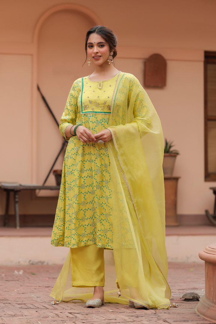 Yellow Printed Embellished Kurta Set With Dupatta