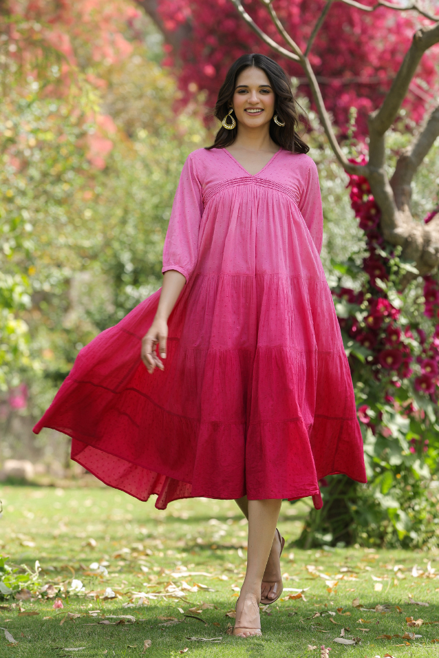 Pink Cotton Dobby Ombre Tiered Designer Dress