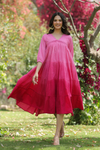 Pink Cotton Dobby Ombre Tiered Designer Dress