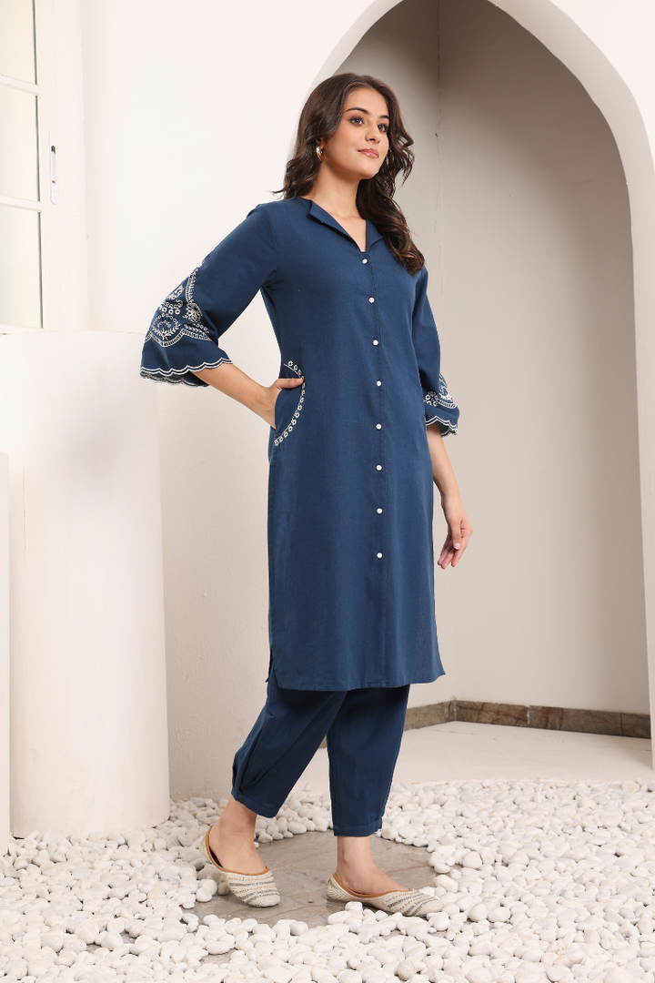 Blue Embroidered Shirt Collar Kurta With Trouser