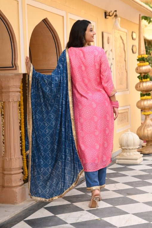 Pink Chanderi Embroidered Kurta Pant Set With Dupatta