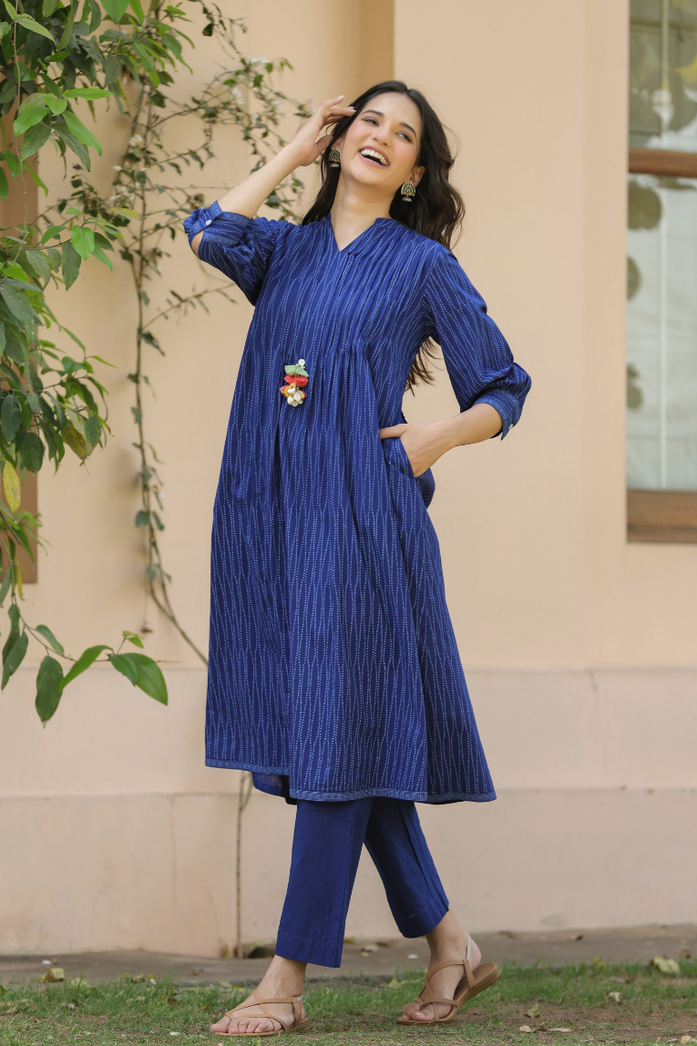 Blue Cotton Printed Detailed Dress