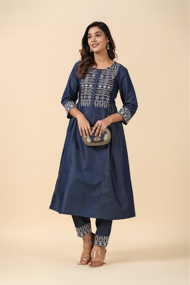 Denim Blue A Line Embroidered Kurta Pant Set