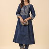 Denim Blue A Line Embroidered Kurta Pant Set