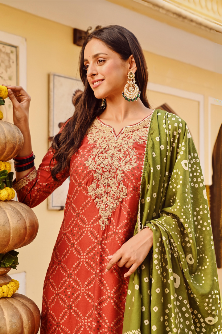 Red Chanderi Embroidered Kurta Set With Dupatta