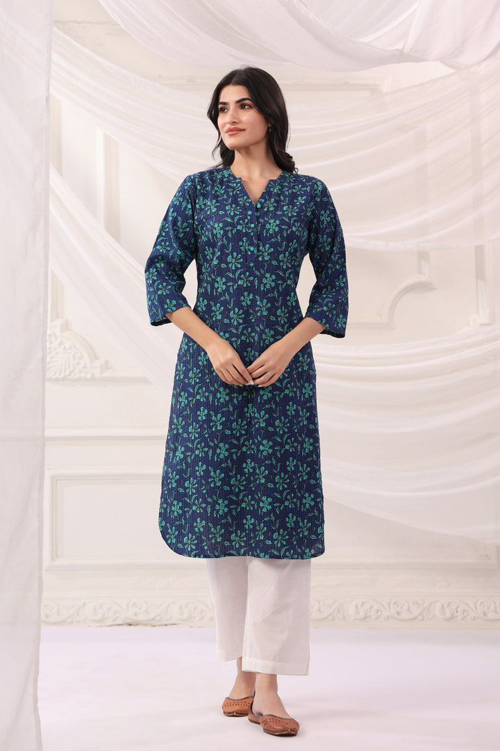 Blue Cotton Pintuck Detailing Straight Kurta
