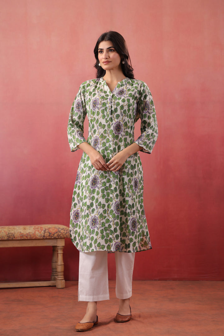 Green Cotton Floral Printed Straight Kurta