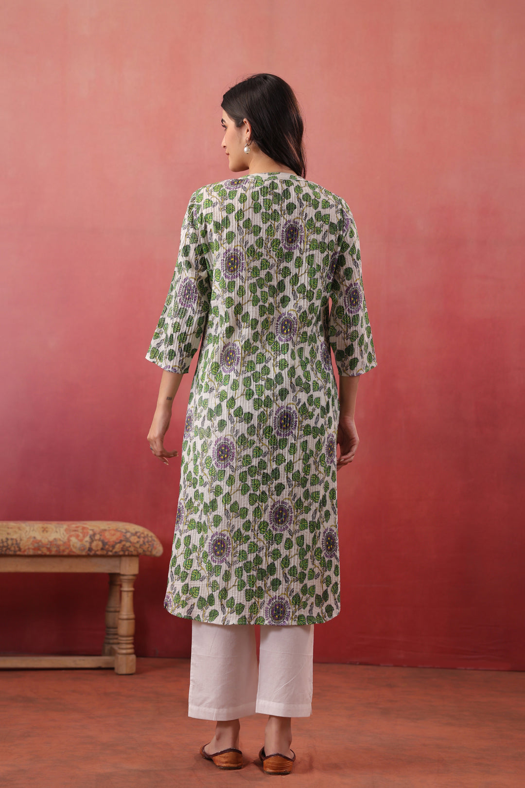 Green Cotton Floral Printed Straight Kurta