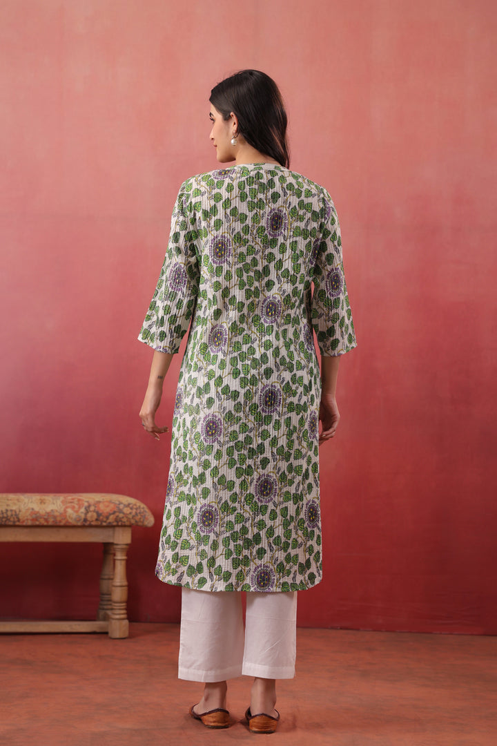 Green Cotton Floral Printed Straight Kurta