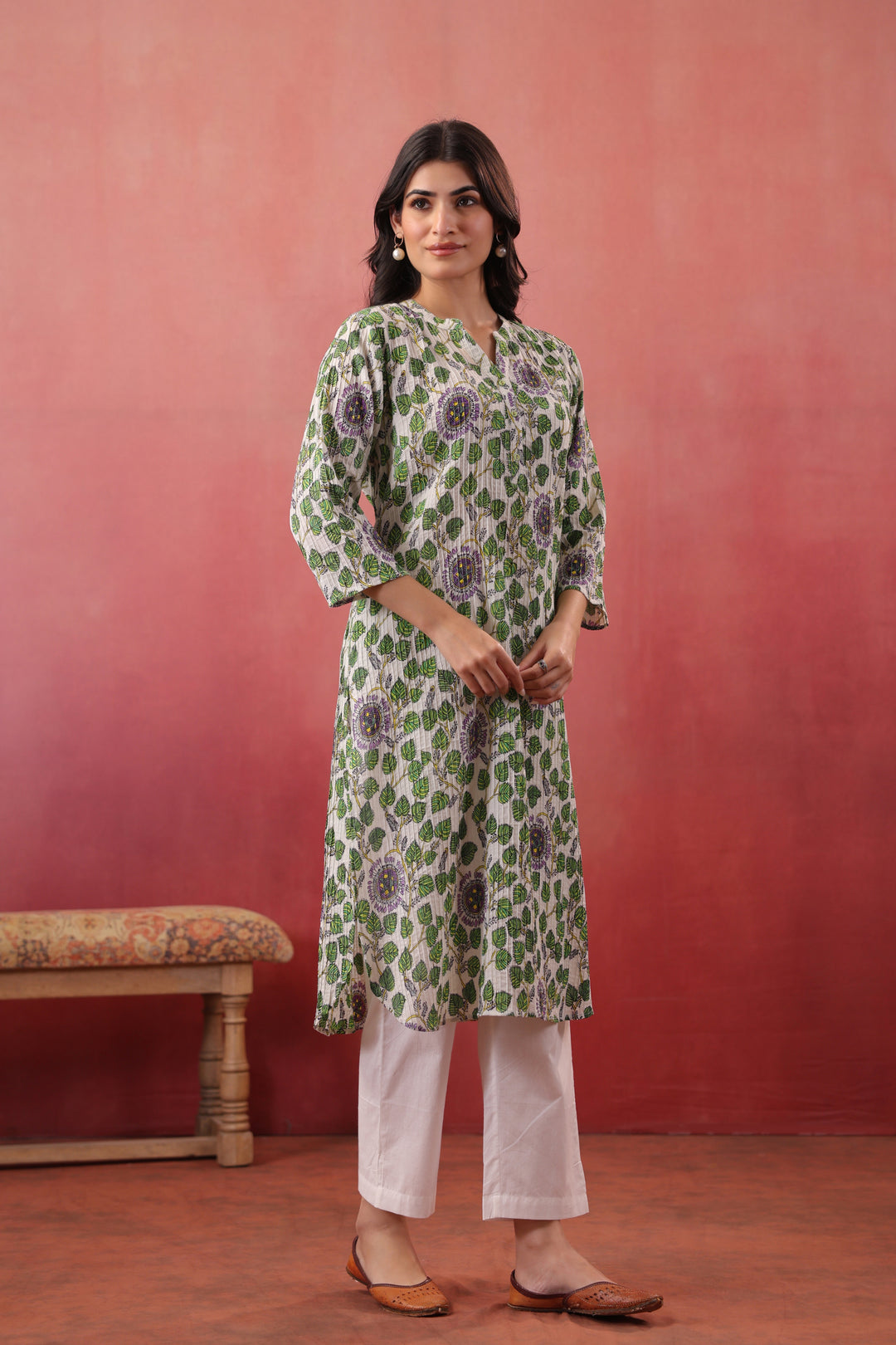 Green Cotton Floral Printed Straight Kurta