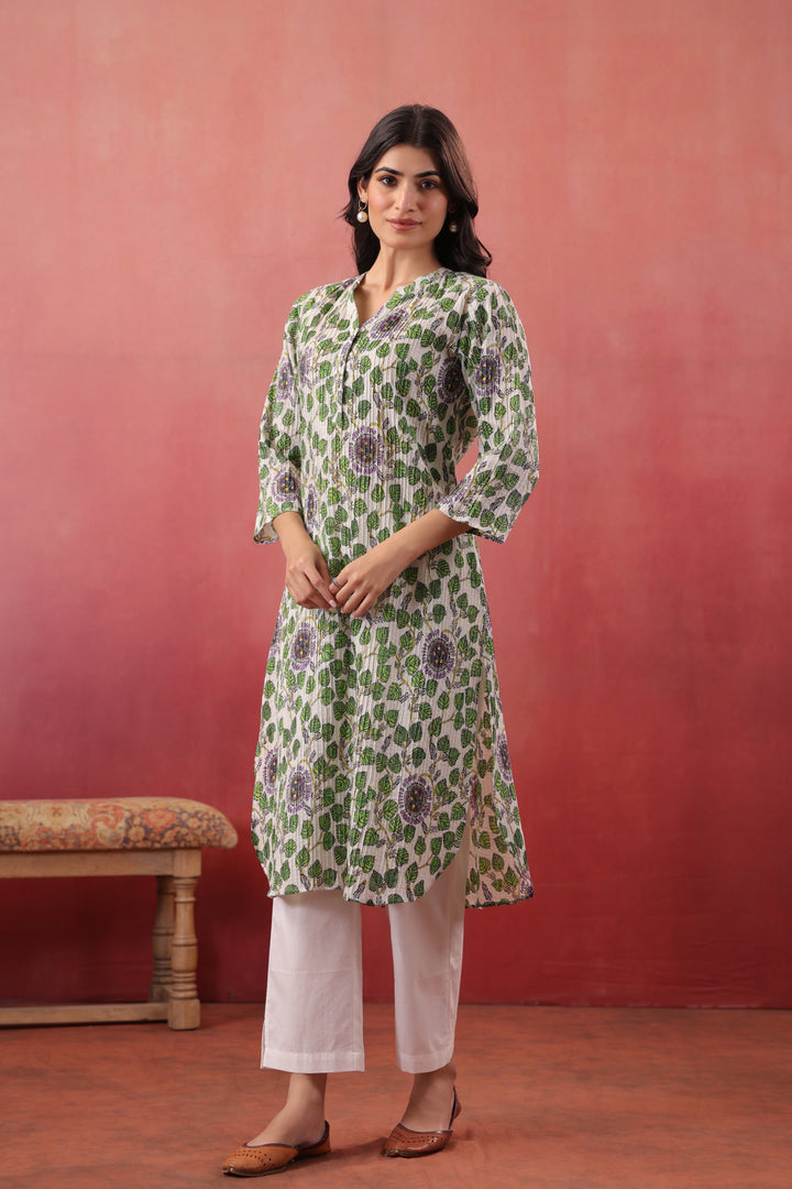 Green Cotton Floral Printed Straight Kurta