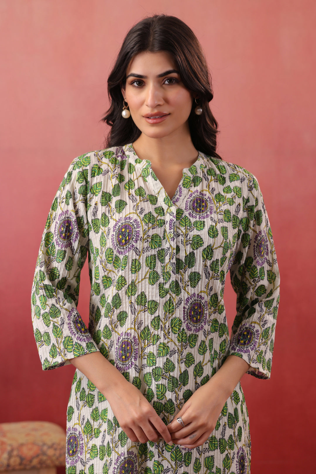 Green Cotton Floral Printed Straight Kurta