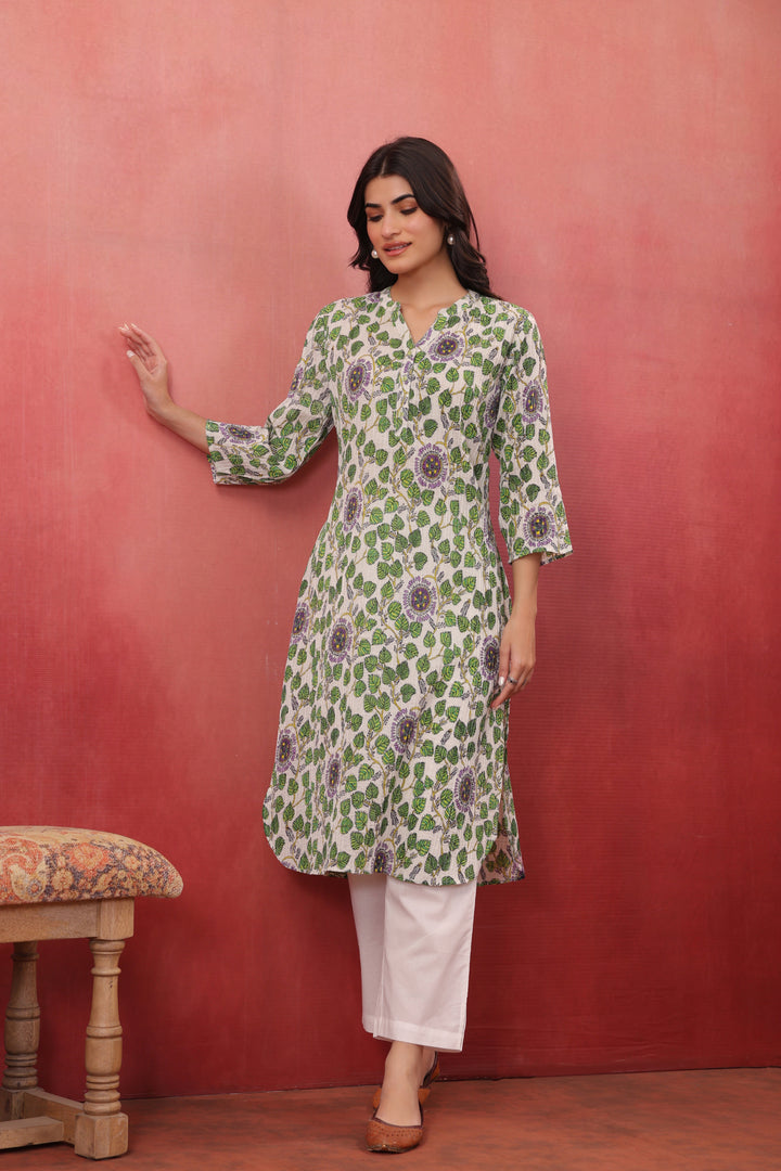Green Cotton Floral Printed Straight Kurta