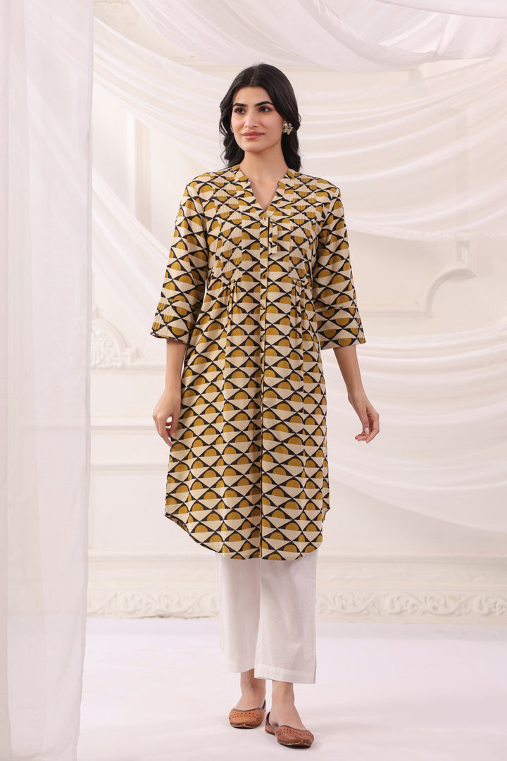 Mustard Cotton A-line Pintuck Kurta