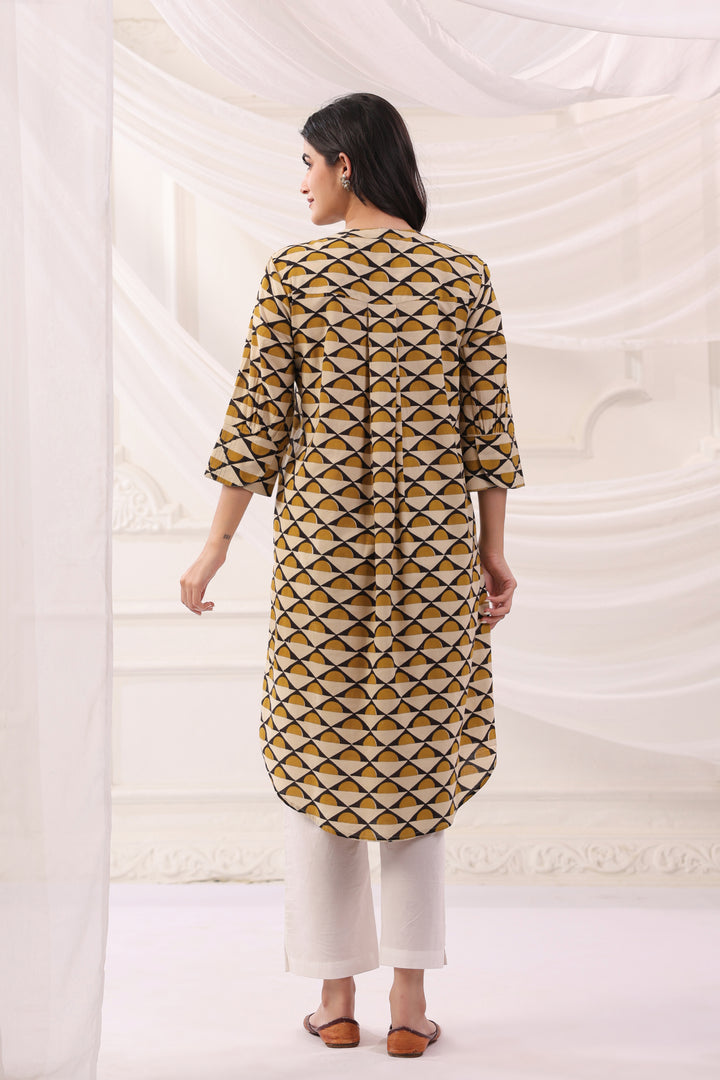 Mustard Cotton A-line Pintuck Kurta