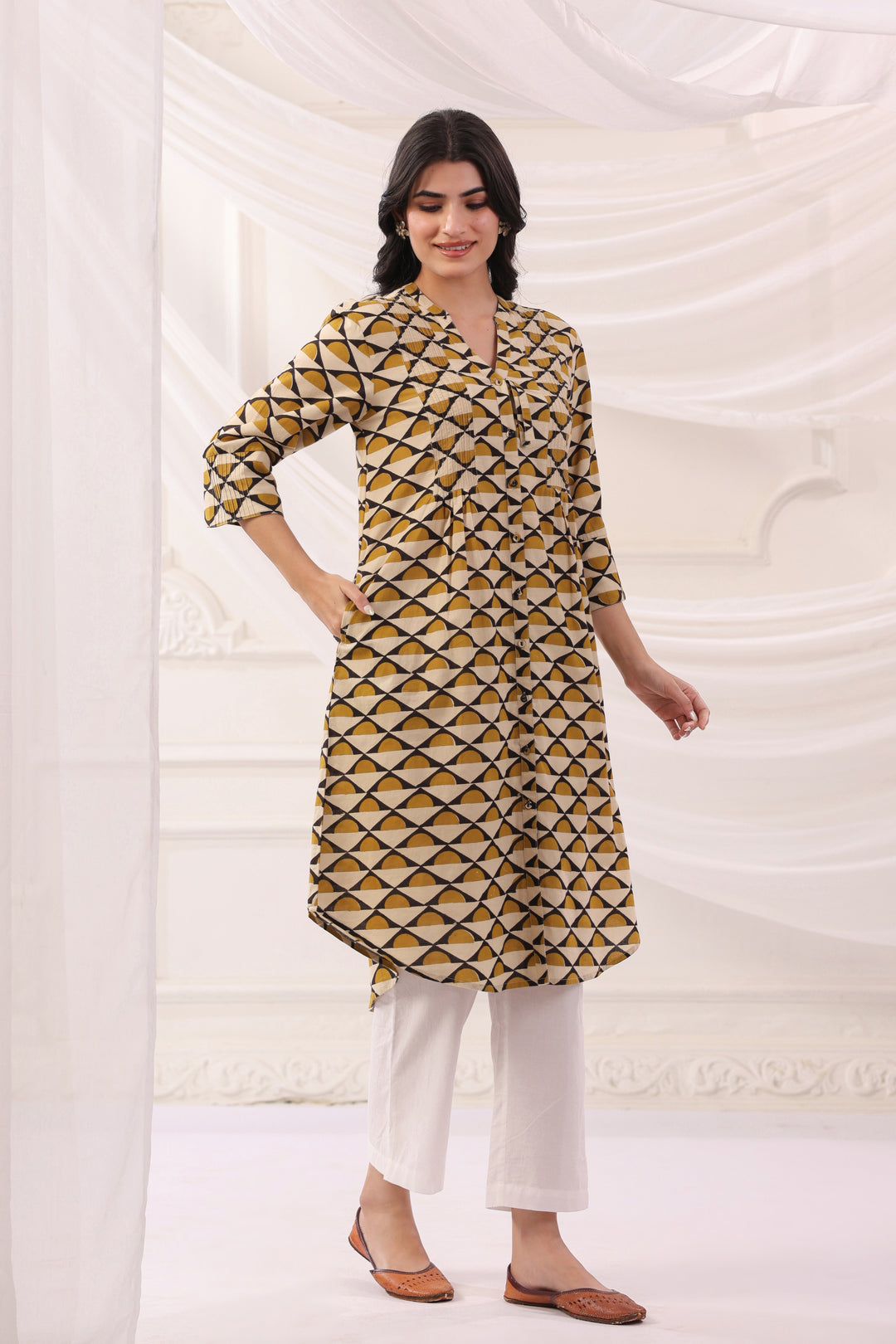 Mustard Cotton A-line Pintuck Kurta