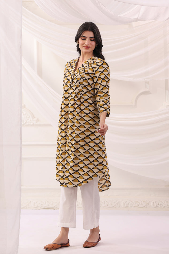 Mustard Cotton A-line Pintuck Kurta