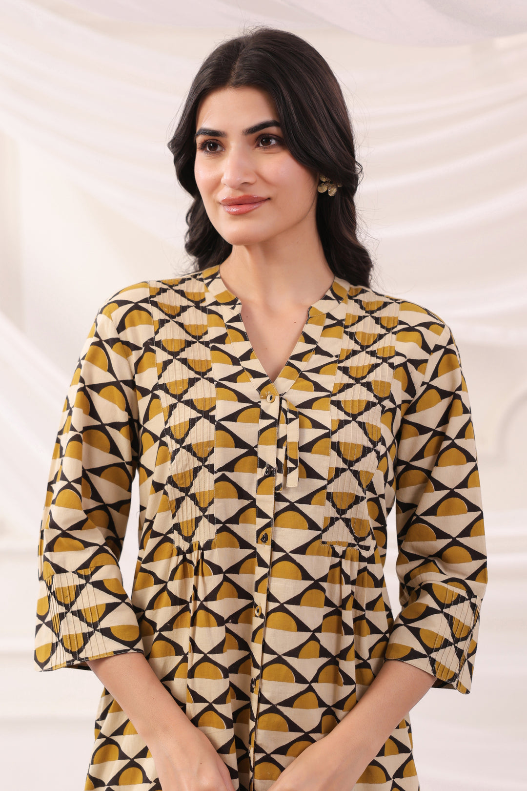 Mustard Cotton A-line Pintuck Kurta