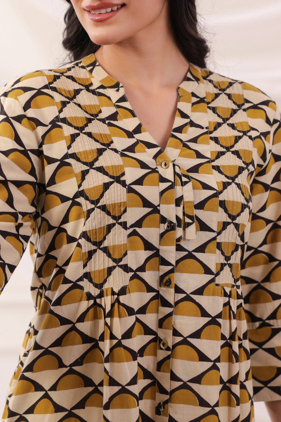 Mustard Cotton A-line Pintuck Kurta