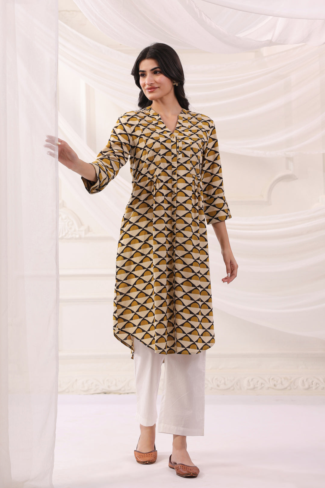 Mustard Cotton A-line Pintuck Kurta