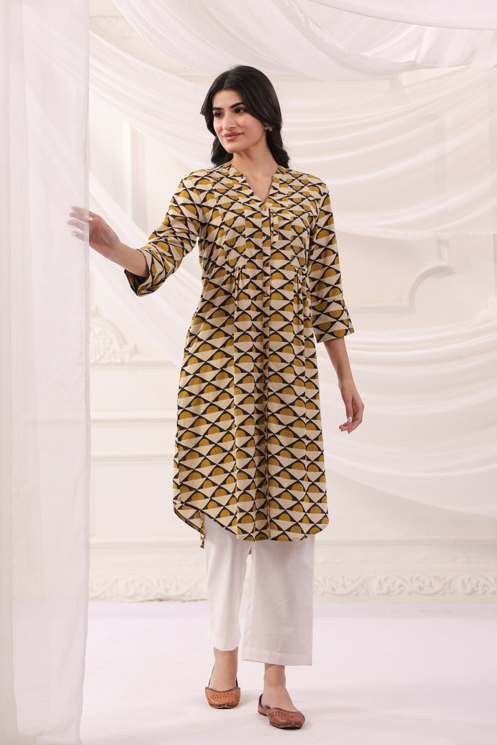 Mustard Cotton A-line Pintuck Kurta