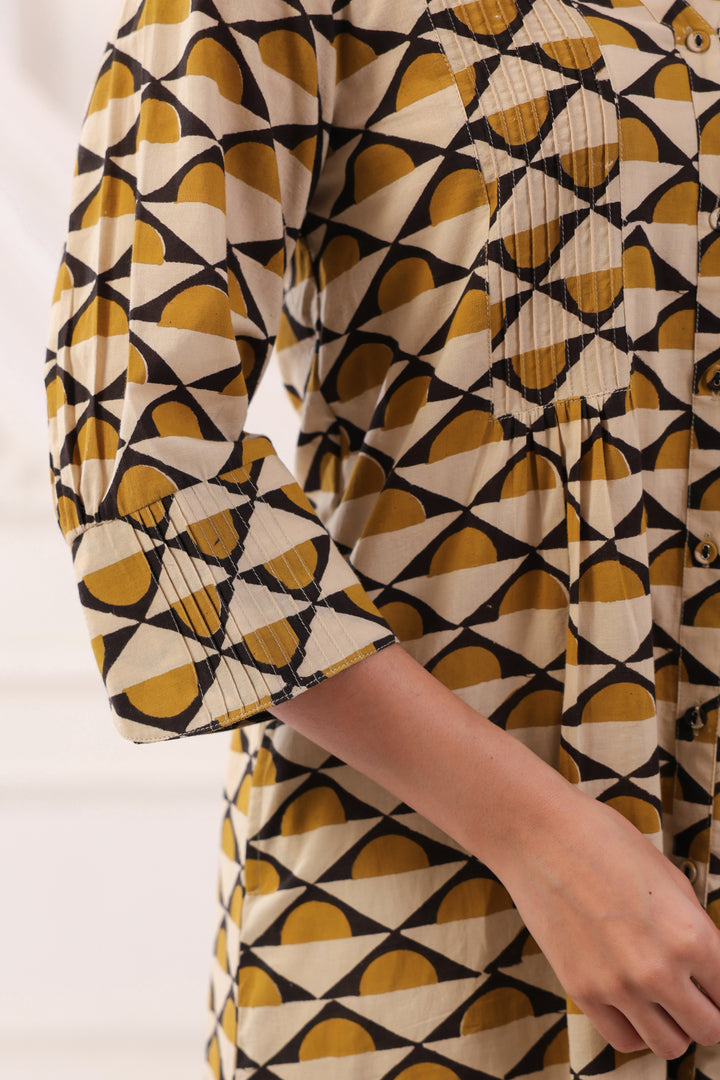 Mustard Cotton A-line Pintuck Kurta