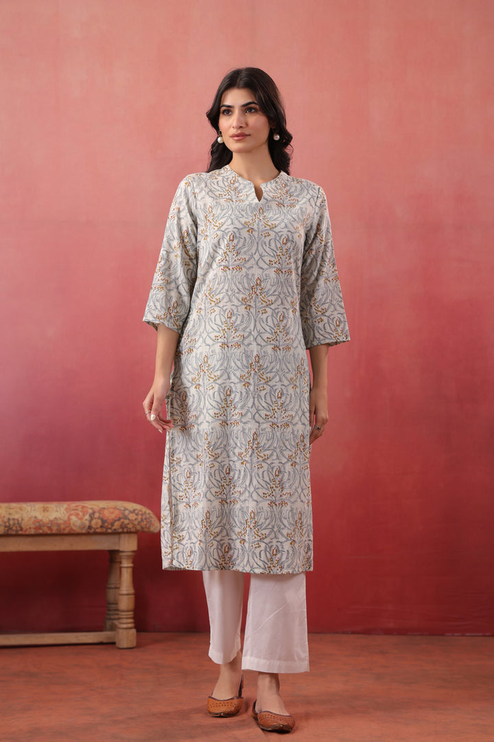 White Cotton Floral Printed Straight Kurta Pant Set