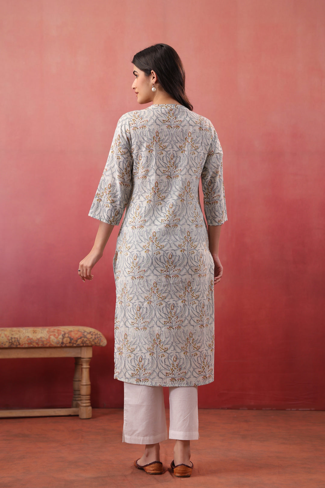 White Cotton Floral Printed Straight Kurta Pant Set