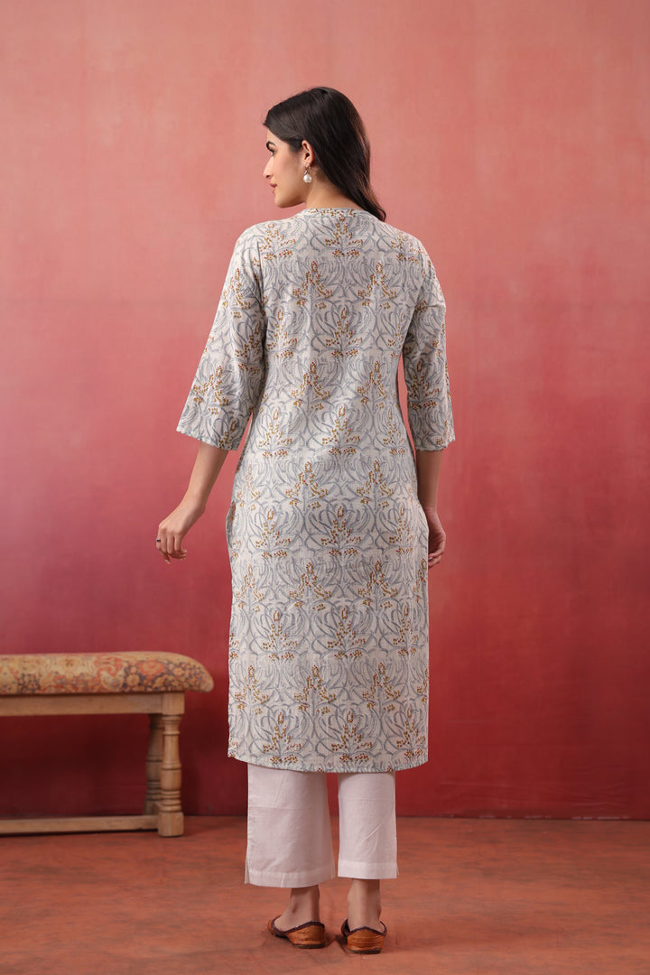 White Cotton Floral Printed Straight Kurta Pant Set