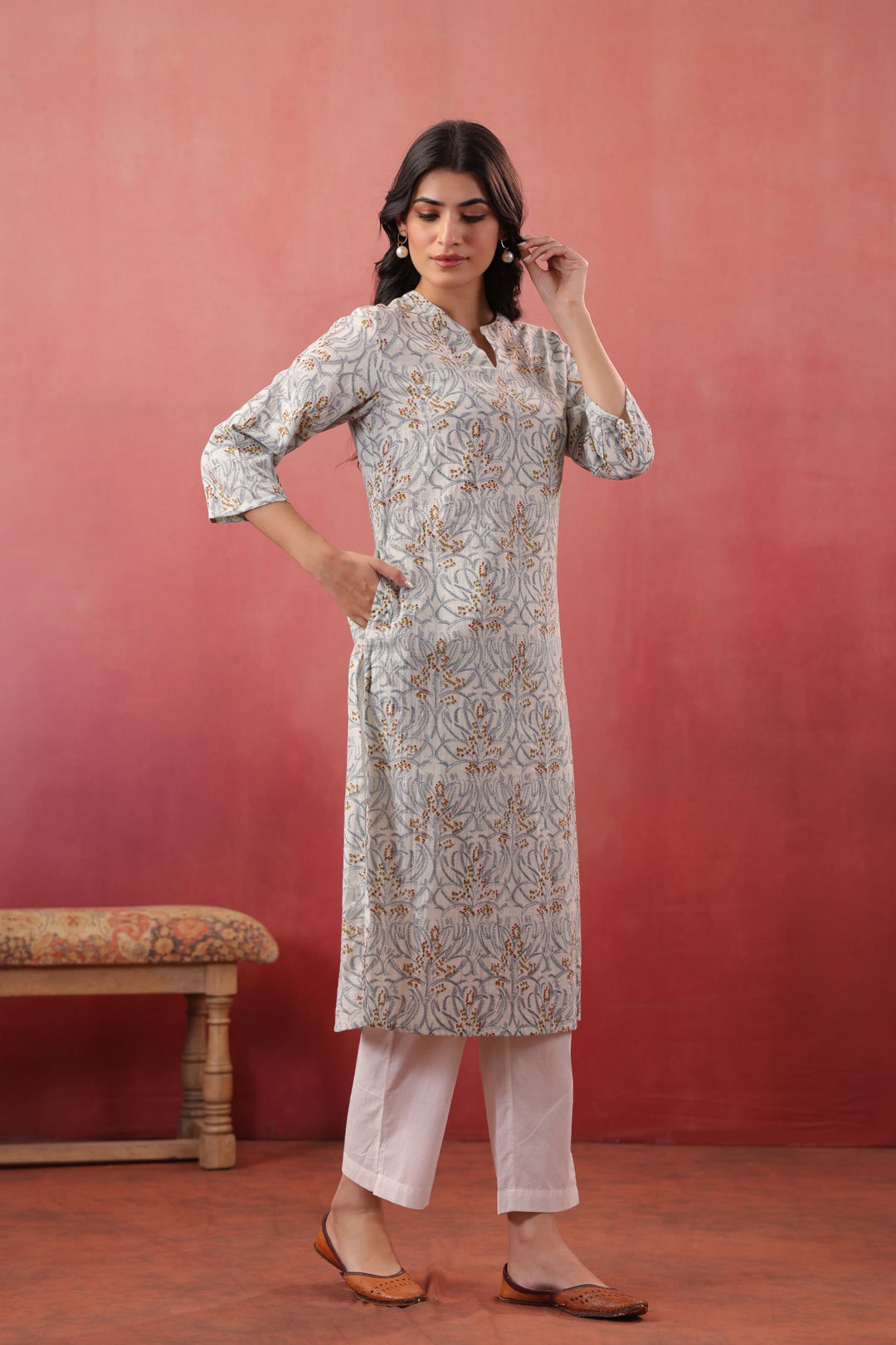 White Cotton Floral Printed Straight Kurta Pant Set