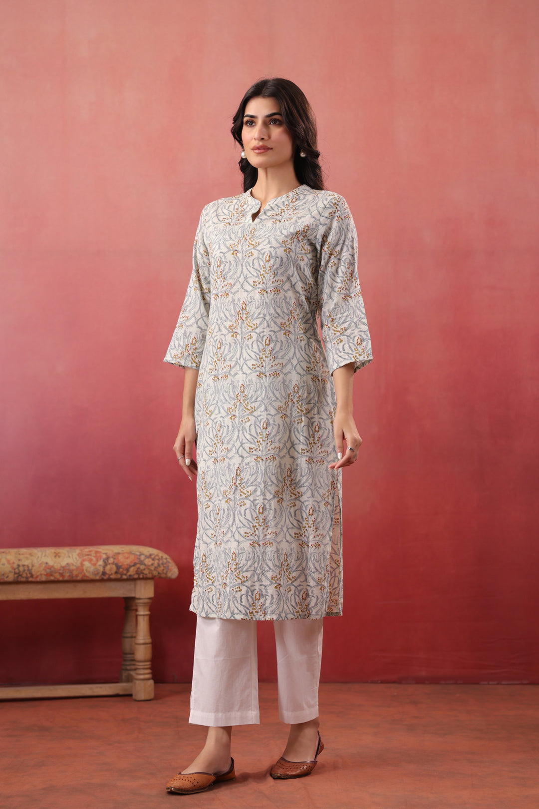 White Cotton Floral Printed Straight Kurta Pant Set