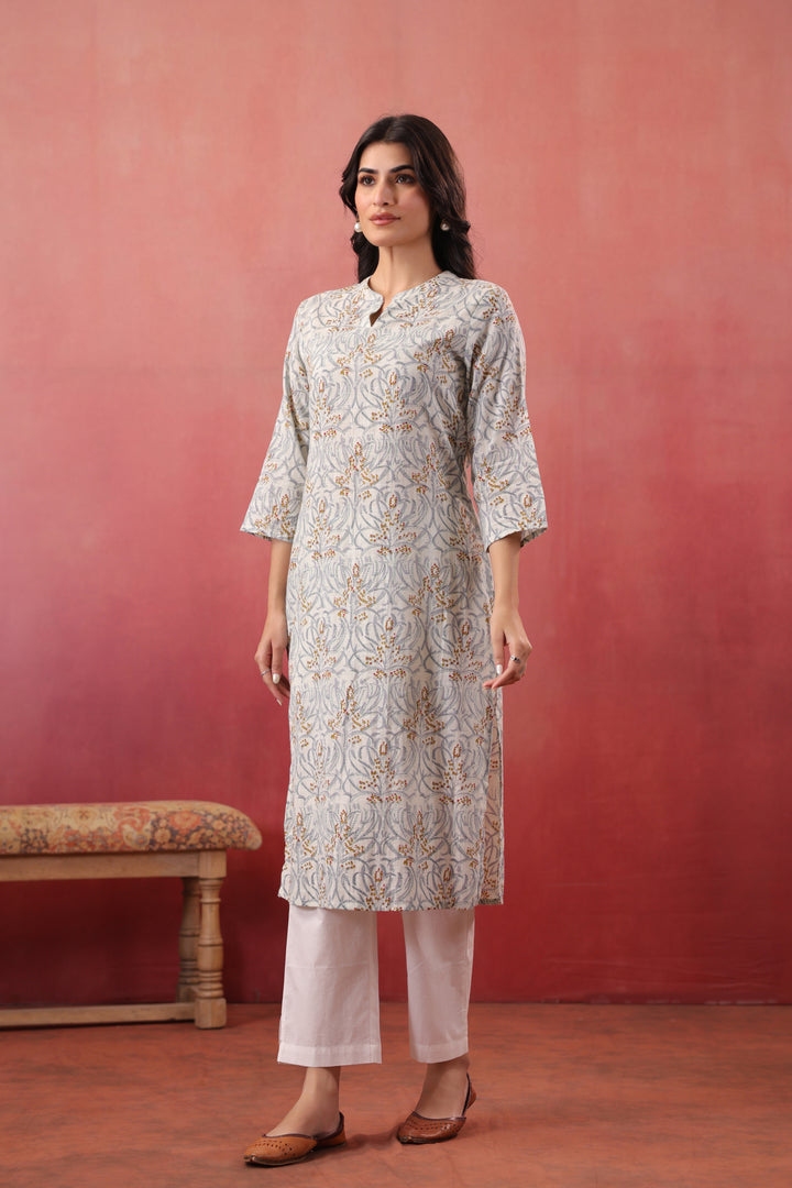 White Cotton Floral Printed Straight Kurta Pant Set