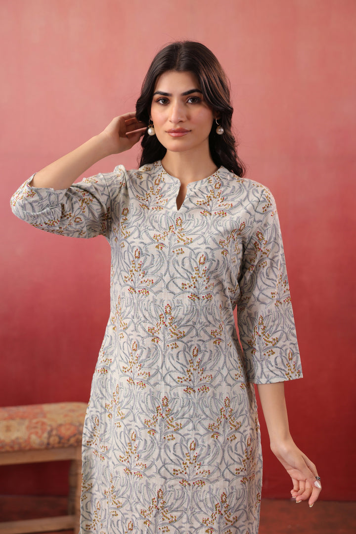 White Cotton Floral Printed Straight Kurta Pant Set