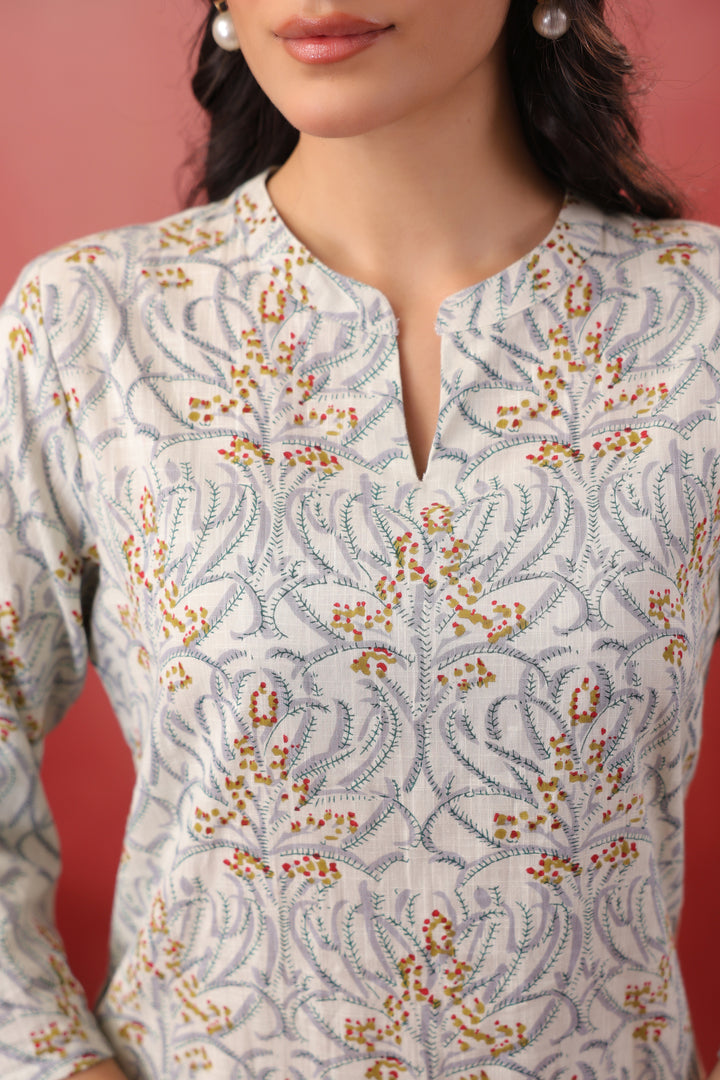 White Cotton Floral Printed Straight Kurta Pant Set