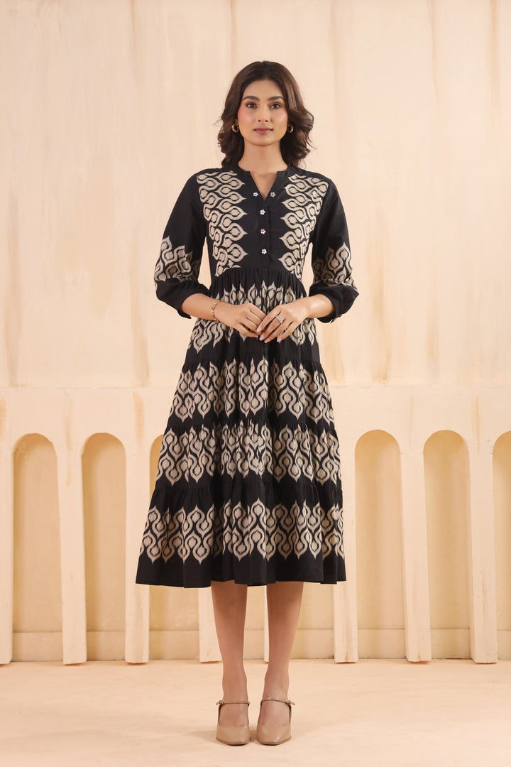 Black Cotton Printed Designer Flared Dress