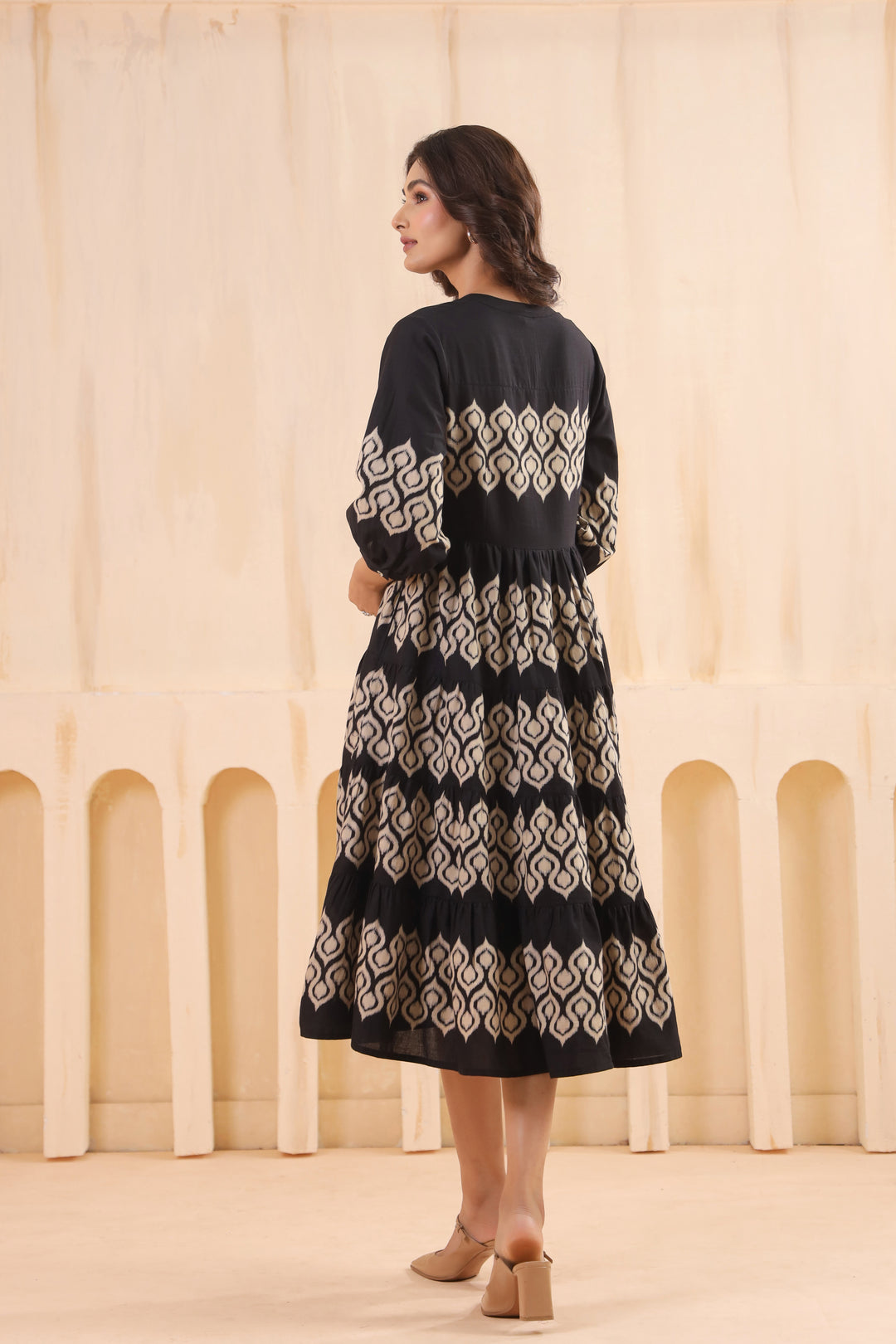 Black Cotton Printed Designer Flared Dress