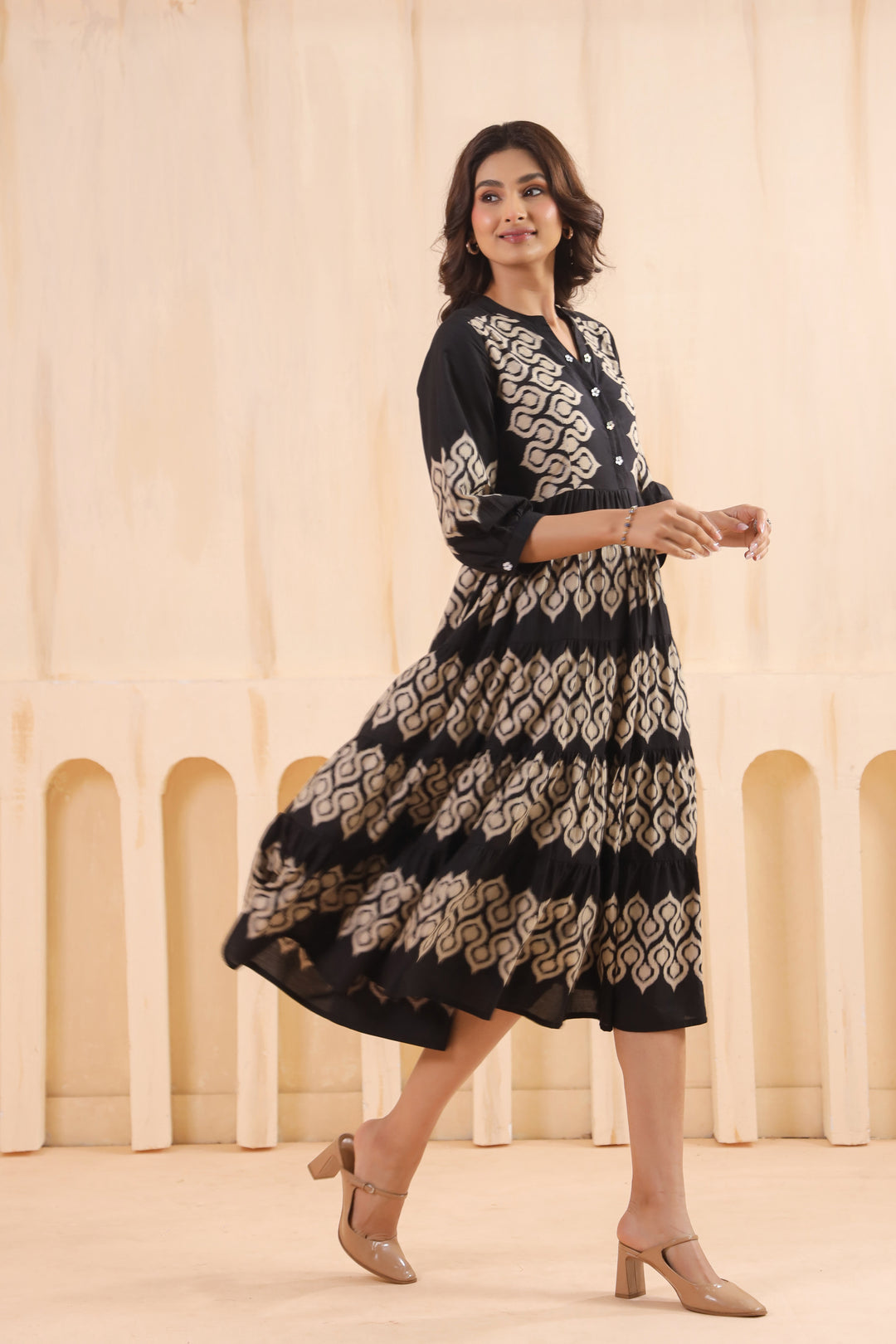 Black Cotton Printed Designer Flared Dress