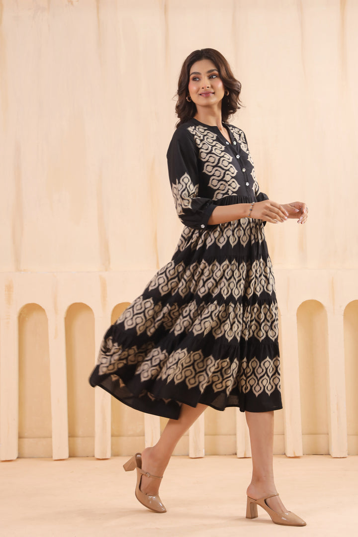 Black Cotton Printed Designer Flared Dress