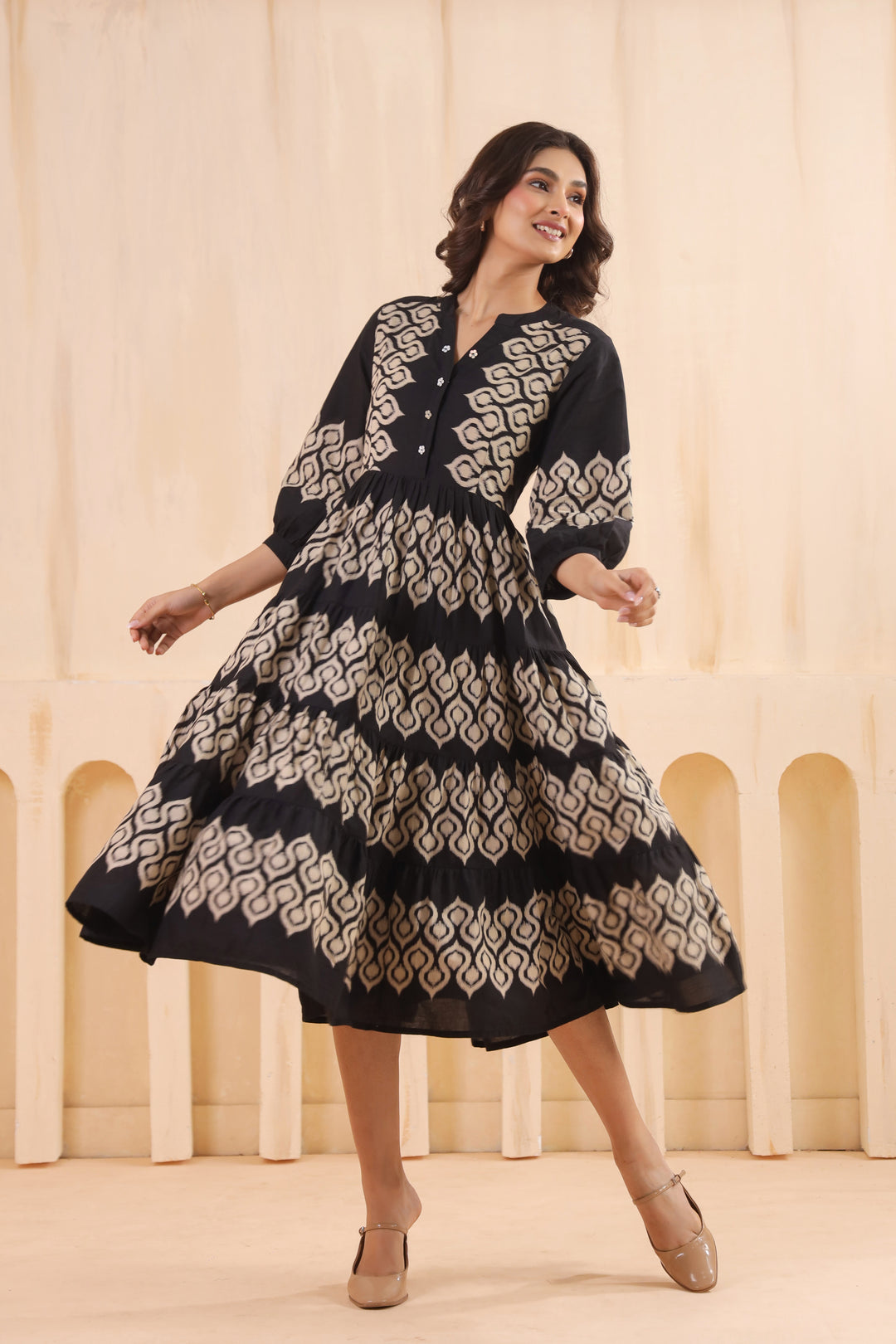 Black Cotton Printed Designer Flared Dress