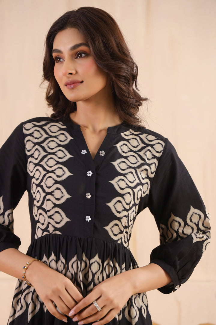 Black Cotton Printed Designer Flared Dress