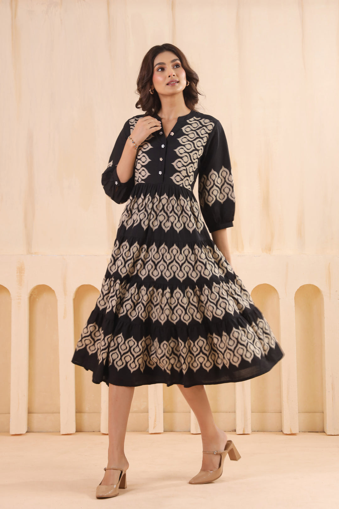 Black Cotton Printed Designer Flared Dress