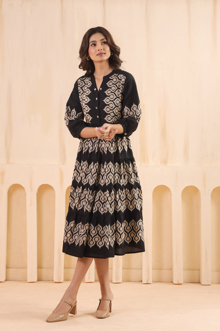 Black Cotton Printed Designer Flared Dress