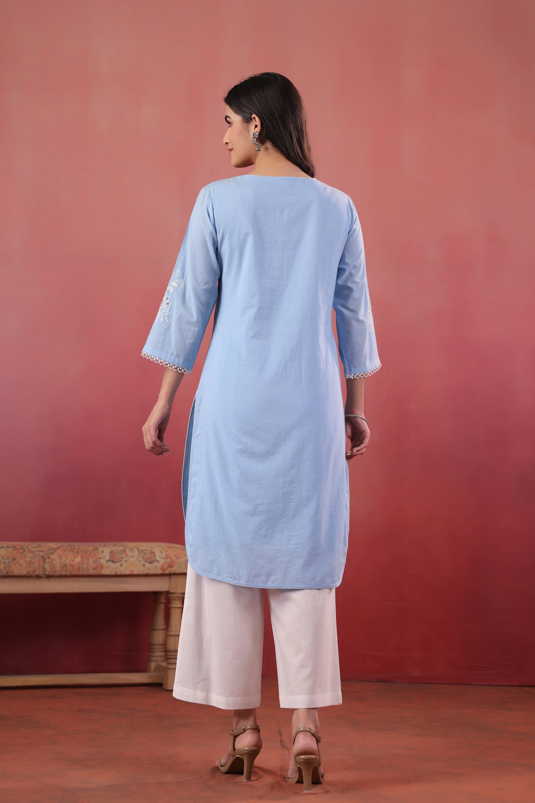 Blue Cotton Embroidered Kurta Pant With Dupatta Set