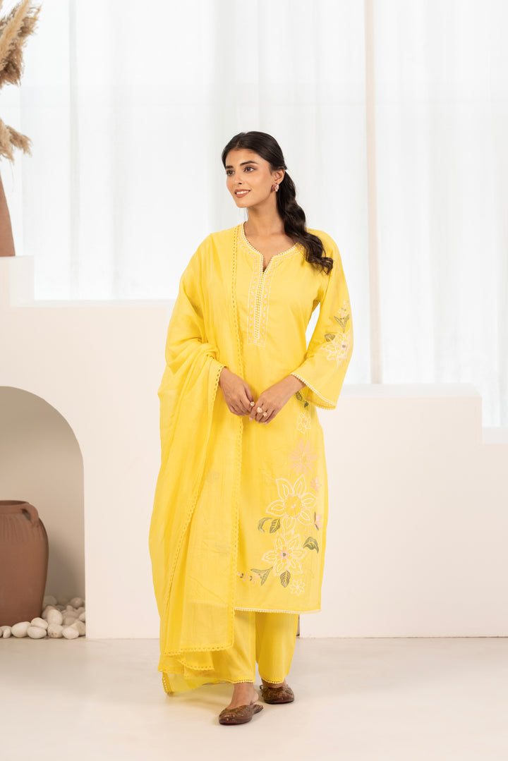 Yellow Cotton Embroidered Designer Kurta Pant Set With Dupatta