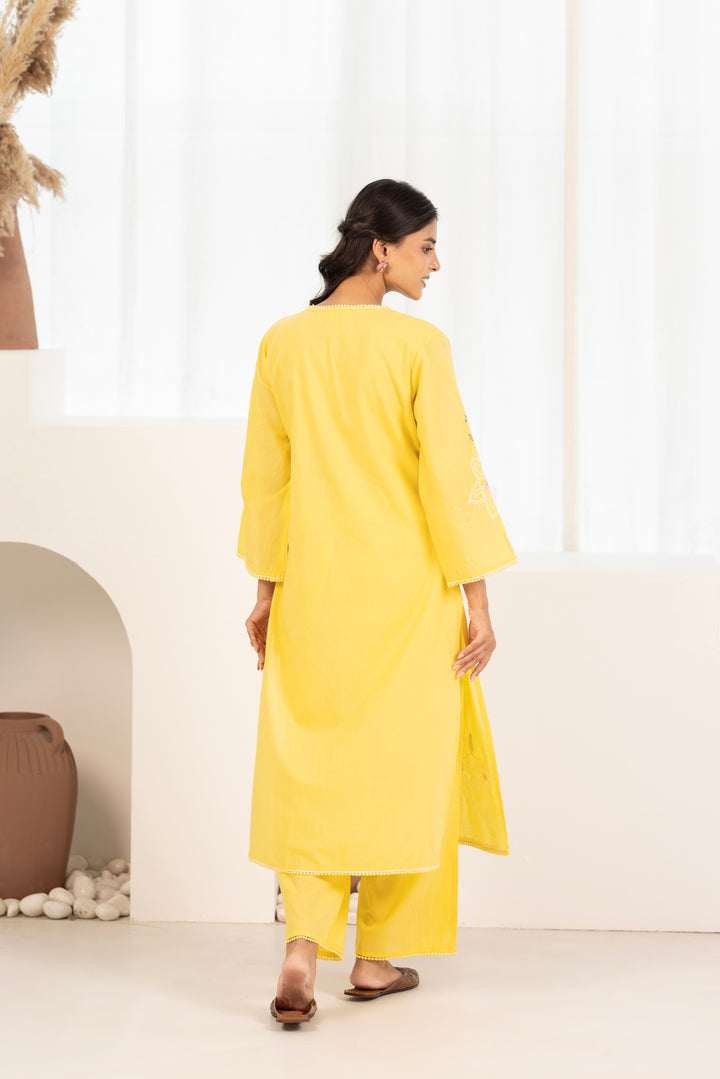 Yellow Cotton Embroidered Designer Kurta Pant Set With Dupatta
