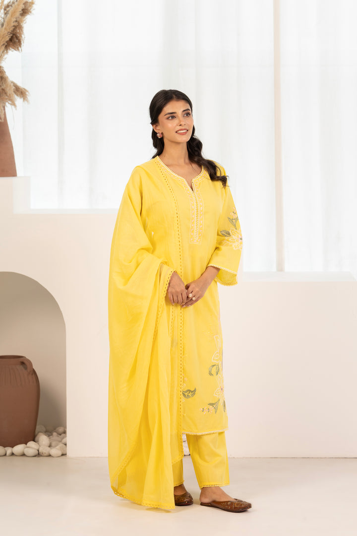 Yellow Cotton Embroidered Designer Kurta Pant Set With Dupatta
